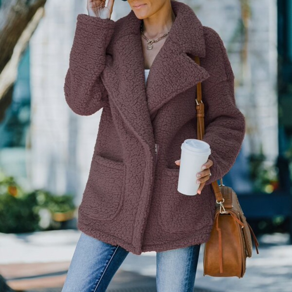 Cozy Brown Wide Collar Teddy Jacket Coat Oversized - Picture 9 of 16